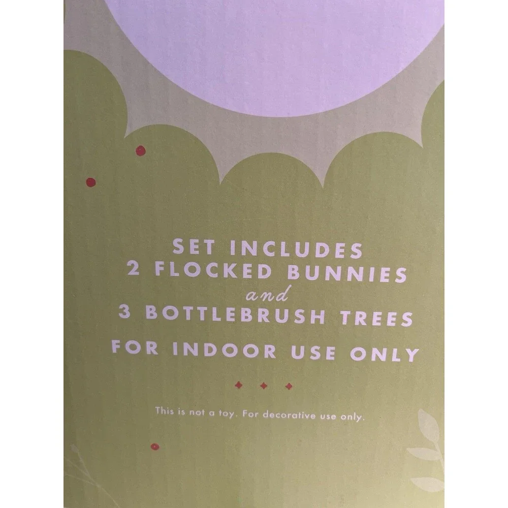 2 Flocked Bunnies Rabbits And 3 Bottlebrush Trees w Egg 5pc Easter Spring Decor